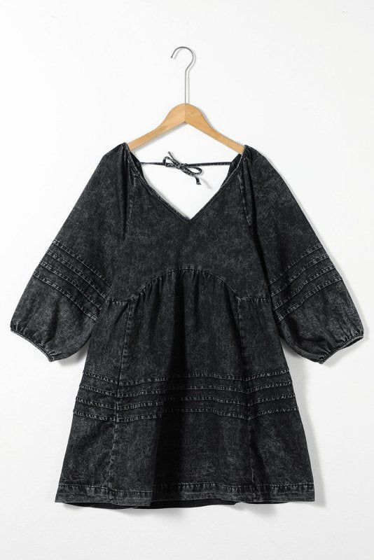 V - Neck Three Quarter Sleeve Denim Dress