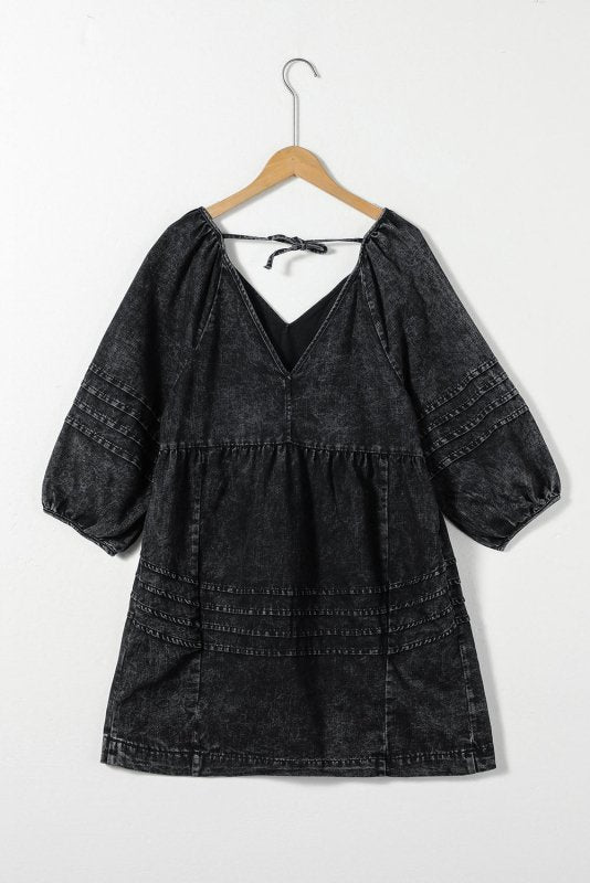 V - Neck Three Quarter Sleeve Denim Dress