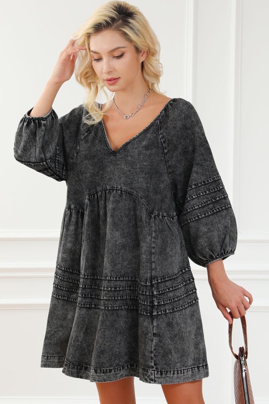 V - Neck Three Quarter Sleeve Denim Dress