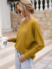 Waffle-Knit Boat Neck Long Sleeve Top - Cute Little Wish