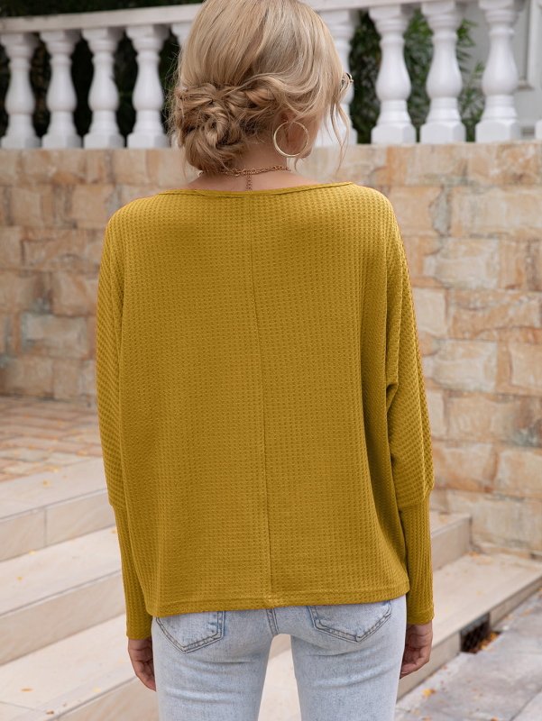 Waffle-Knit Boat Neck Long Sleeve Top - Cute Little Wish