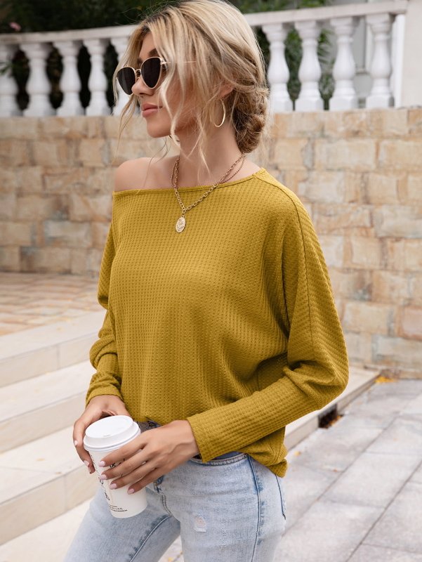 Waffle-Knit Boat Neck Long Sleeve Top - Cute Little Wish