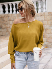 Waffle-Knit Boat Neck Long Sleeve Top - Cute Little Wish