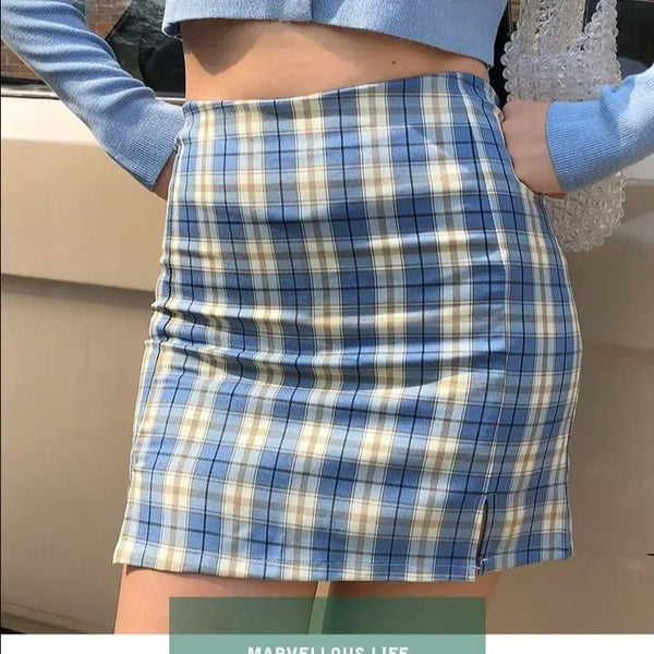 Women's Blue Plaid High Waist Bodycon Skirt