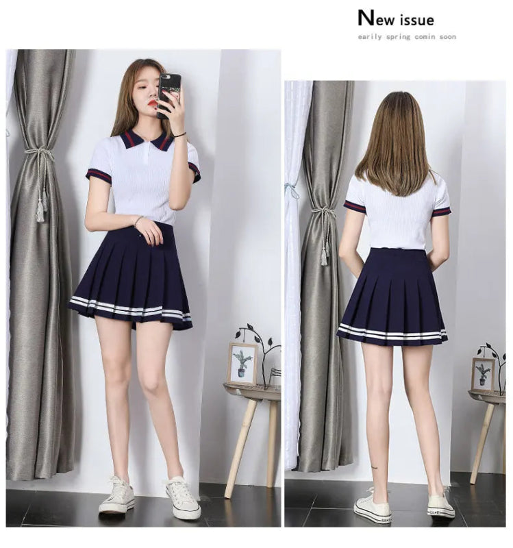 Women's High Waist Striped Pleated Mini Skirt - Cute Little Wish