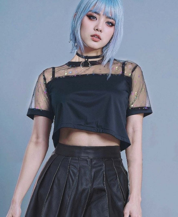 Y2K Aesthetic Black Crop Top with Galaxy Iridescent Mesh