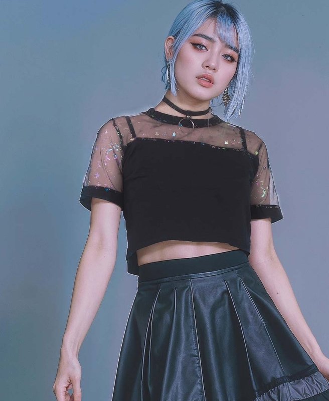 Y2K Aesthetic Black Crop Top with Galaxy Iridescent Mesh - Cute Little Wish