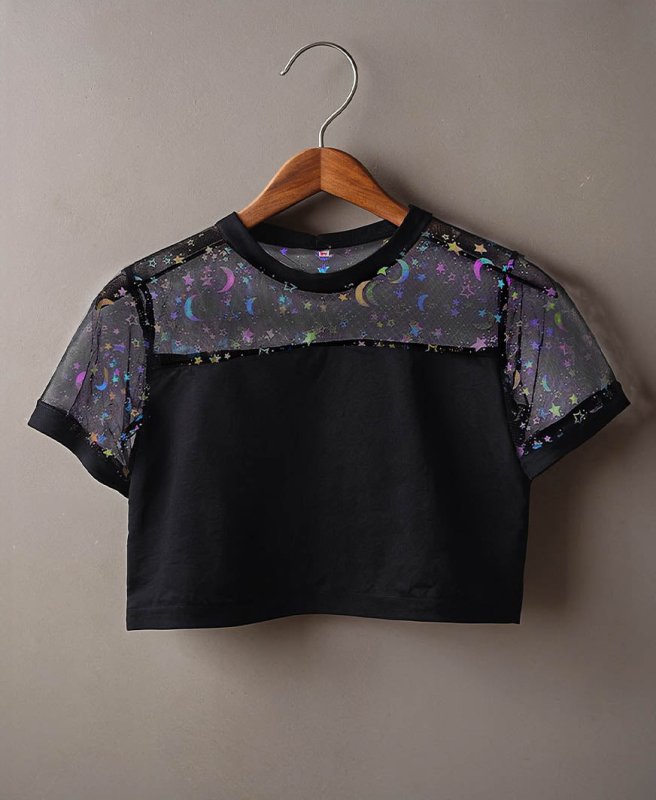 Y2K Aesthetic Black Crop Top with Galaxy Iridescent Mesh - Cute Little Wish