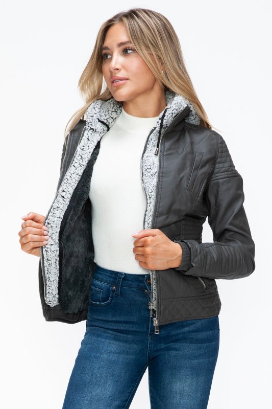 YMI Faux Layered Double - Zipper Jacket with Fuzzy Hood