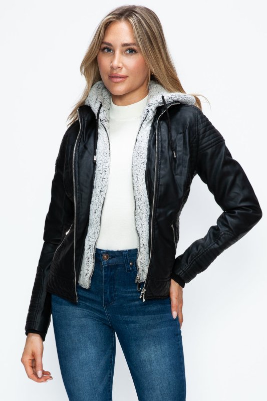 YMI Faux Layered Double - Zipper Jacket with Fuzzy Hood