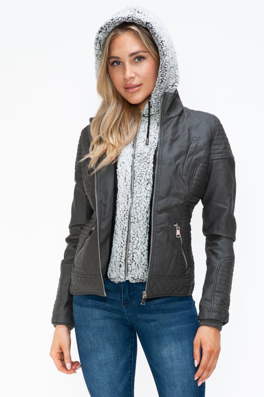 YMI Faux Layered Double - Zipper Jacket with Fuzzy Hood