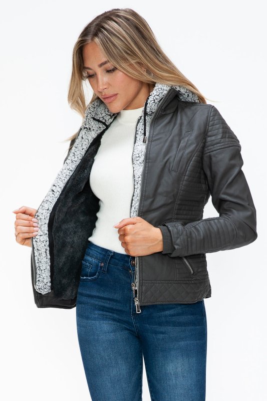 YMI Faux Layered Double - Zipper Jacket with Fuzzy Hood