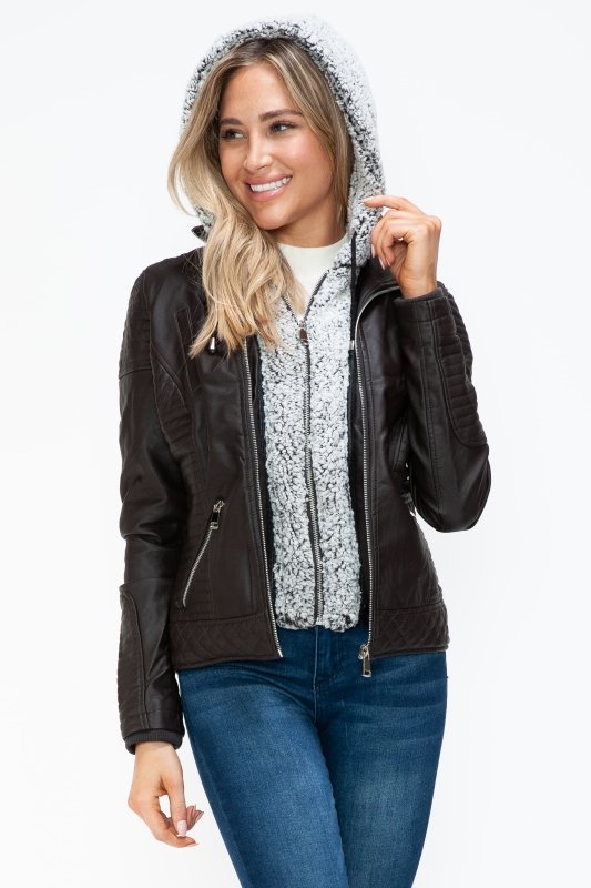 YMI Faux Layered Double - Zipper Jacket with Fuzzy Hood