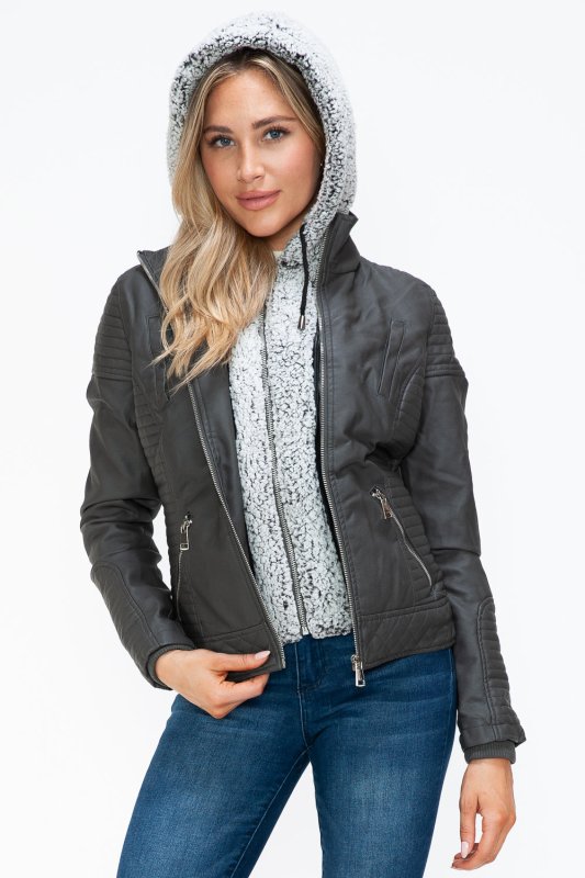 YMI Faux Layered Double - Zipper Jacket with Fuzzy Hood