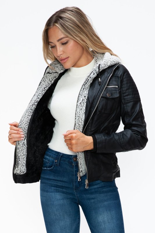 YMI Removable Faux Layered Multi - Pocket Jacket with Fuzzy Hood