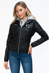 YMI Removable Faux Layered Multi - Pocket Jacket with Fuzzy Hood