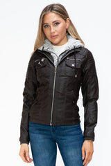 YMI Removable Faux Layered Multi - Pocket Jacket with Fuzzy Hood