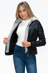 YMI Removable Faux Layered Multi - Pocket Jacket with Fuzzy Hood