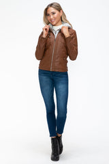 YMI Removable Faux Layered Multi - Pocket Jacket with Fuzzy Hood