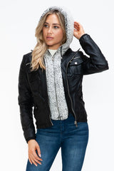 YMI Removable Faux Layered Multi - Pocket Jacket with Fuzzy Hood