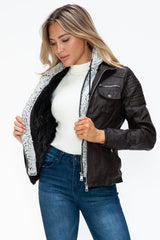 YMI Removable Faux Layered Multi - Pocket Jacket with Fuzzy Hood