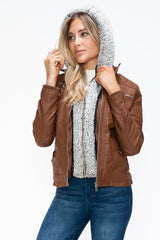 YMI Removable Faux Layered Multi - Pocket Jacket with Fuzzy Hood