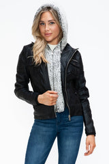 YMI Removable Faux Layered Multi - Pocket Jacket with Fuzzy Hood