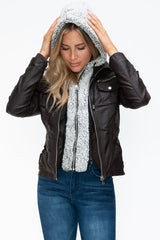 YMI Removable Faux Layered Multi - Pocket Jacket with Fuzzy Hood