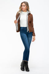 YMI Removable Faux Layered Multi - Pocket Jacket with Fuzzy Hood