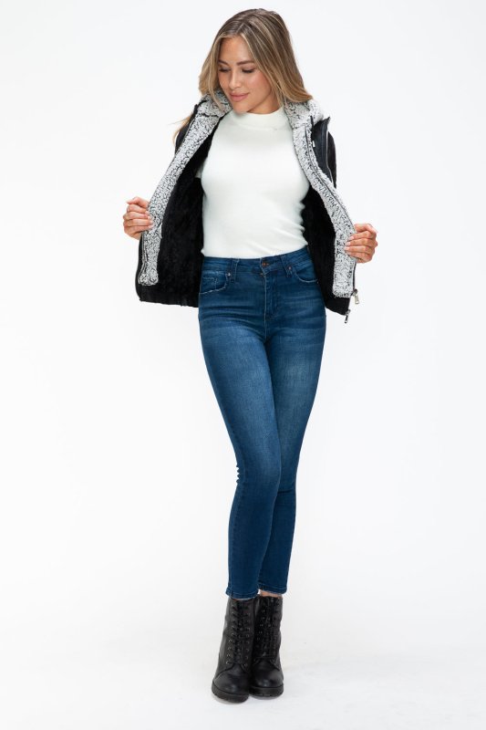 YMI Removable Faux Layered Multi - Pocket Jacket with Fuzzy Hood