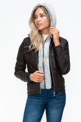 YMI Removable Faux Layered Multi - Pocket Jacket with Fuzzy Hood