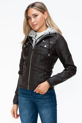 YMI Removable Faux Layered Multi - Pocket Jacket with Fuzzy Hood