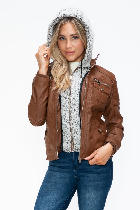 YMI Removable Faux Layered Multi - Pocket Jacket with Fuzzy Hood