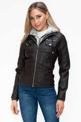 YMI Removable Faux Layered Multi - Pocket Jacket with Fuzzy Hood