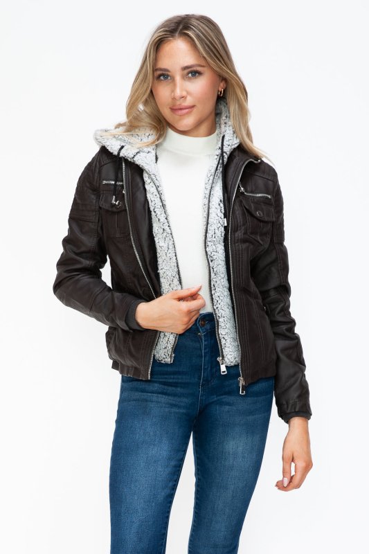 YMI Removable Faux Layered Multi - Pocket Jacket with Fuzzy Hood