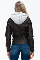 YMI Removable Faux Layered Multi - Pocket Jacket with Fuzzy Hood